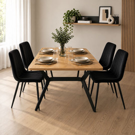 Tudo Design פינת אוכל 140X80 ס"מ פלטת MDF, כולל 4 כיסאות קטיפה בגוון שחור דגם אייקון-ריביירה