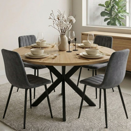 Tudo Design פינת אוכל עגולה הכוללת שולחן אוכל בקוטר 120 ס"מ בגוון אלון + 4 כיסאות מרופדים בגוון אפור כהה דגם ברקת-ריביירה