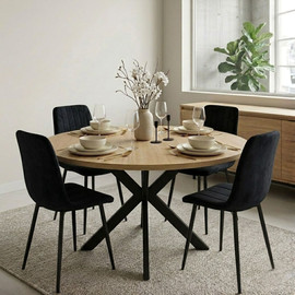 Tudo Design פינת אוכל עגולה הכוללת שולחן אוכל בקוטר 120 ס"מ בגוון אלון + 4 כיסאות מרופדים בגוון שחור דגם ברקת-ריביירה
