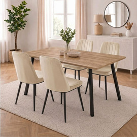 Tudo Design פינת אוכל קומפקטית הכוללת שולחן אוכל ו- 4 כיסאות מרופדים בגוון קרם דגם גולן-מונקו