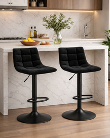 Tudo Design זוג כיסאות בר מעוצב דגם בלגיה – ריפוד בד שחור, מתכוונן עם גב מרופד יוקרתי