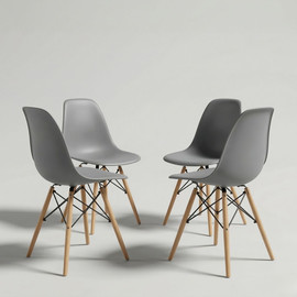 Tudo Design רביעיית כיסאות אוכל עם מושב פלסטיק ורגלי עץ דגם נורדיק אפור