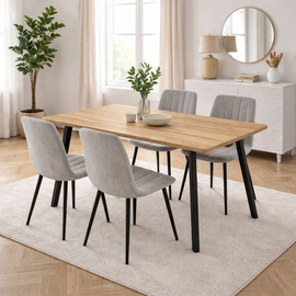 Tudo Design פינת אוכל קומפקטית הכוללת שולחן אוכל ו- 4 כיסאות מרופדים בגוון אפור בהיר דגם גולן-ריברה