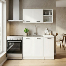 Tudo Design מטבח מודרני ברוחב 1.2 מטר עליון ותחתון בגוון לבן כולל כיור נירוסטה דגם סולו SOLO