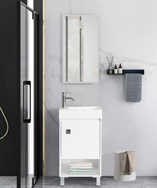 Tudo Design ארון שירותי אורחים 45 ס"מ דגם קמליה כולל כיור חרס ומראה עם מסגרת אלומיניום