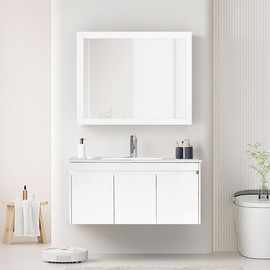 Tudo Design ארון אמבטיה לבן תלוי 100 ס"מ דגם טוליפ עם מראה תואמת, טריקה שקטה וכיור חרס איכותי