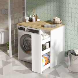 Twins design ארון שירות למכונת כביסה עם מגירת הזזה לאחסון במגוון צבעים לבחירה דגם סברינה מבית Twins Design - לבן משולב עץ