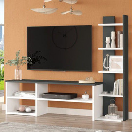 Twins design מזנון טלוויזיה בשילוב מדפים בצבע לבן עם אפור דגם קרלוס
