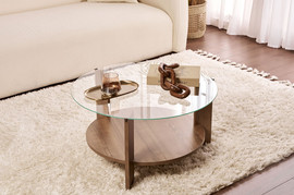 Twins design שולחן סלון עגול מזכוכית בשילוב צבע אגוז דגם שבות מבית Twins Design
