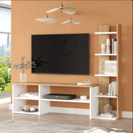 Twins design מזנון טלוויזיה בשילוב מדפים בצבע לבן עם עץ דגם פרנצסקה מבית Twins Design