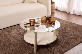 Twins design שולחן סלון עגול מזכוכית בשילוב צבע טרוורטין דגם קיילה מבית Twins Design