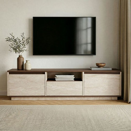 Twins design מזנון טלוויזיה מעוצב ברוחב 160 ס"מ דגם פאן בגוון אגוז בשילוב טרוורטין מבית Twins Design