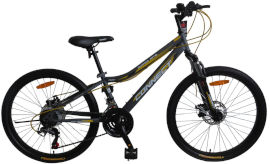Hajoj Connect אופני הרים לנוער קונקט MTB במידה "24 עם 21 הילוכים, בלמי דיסק ובולם זעזועים קדמי - אפור/צהוב