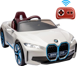 Toyland מכונית ממונעת 12V לילדים בדמות BMW I4 עם שלט רחוק, אורות ומושב דמוי עור - לבן