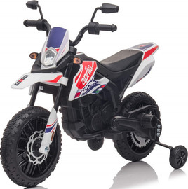 סלקטד אופנוע דמוי Aprilia RX שטח חשמלי ממונע 12V עם גלגלי עזר, אפקטים קוליים ותאורה - לבן