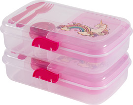 תמה סט 2 קופסאות אוכל מחולקות 26X16X7 ס״מ עם סכו״ם - ורוד שקוף