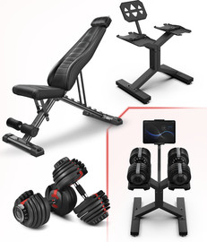 DNA Comfort סט חדר כושר ביתי מושלם הכולל זוג משקולות אוניברסליות 24 ק"ג מעמד מקצועי עם מעמד מדיה וספת כושר מתקפלת