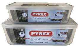 PYREX סט (2) כלי אחסון מלבני + מכסה לבן (2.6+1.5 ל')