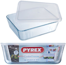 PYREX כלי אחסון מלבני + מכסה פלסטיק 4 ליטר Pyrex