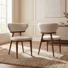 Home Decor זוג כיסאות אוכל רגל ברזל בגוון אגוז מרופדים בד רחיץ בגוון חול דגם סטייל