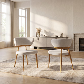 Home Decor זוג כיסאות אוכל רגל ברזל בגוון אלון מרופדים בד רחיץ בגוון שמנת דגם נטורל