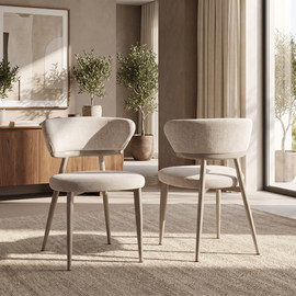Home Decor זוג כיסאות אוכל רגל ברזל בגוון מוקה מרופדים בד רחיץ בגוון חול דגם הרמוניה