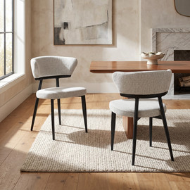Home Decor זוג כיסאות אוכל רגל ברזל בגוון שחור מרופדים בד רחיץ בגוון אבן אפרפר דגם שייפ