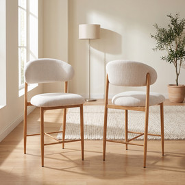 Home Decor זוג כיסאות בר מרופדים בד רחיץ בגוון שמנת עם רגלי ברזל בגימור אלון דגם הדר
