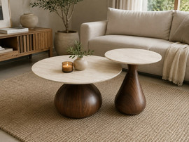 BOBO Decor זוג שולחנות סלון בעיצוב יוקרתי – אגוז ופורצלן טרוורטין