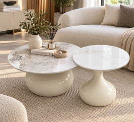 BOBO Decor זוג שולחנות סלון בעיצוב יוקרתי בצבע לבן ופורצלן טרוורטין