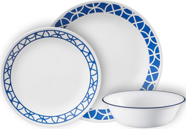 Corelle סט צלחות קורל 12 חלקים 4 סועדים של קורנינג דגם Cobalt Circle תוצרת ארה"ב