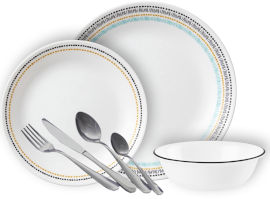 Corelle סט 84 חלקים ל12 סועדים :צלחות קורל Paloma  + סכו"ם  Twist