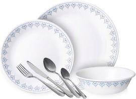 Corelle סט 84 חלקים ל12 סועדים :צלחות קורל Patchwork  + סכו"ם  Twist