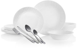Corelle סט 84 חלקים ל12 סועדים :צלחות קורל Linen Weave  + סכו"ם  Twist