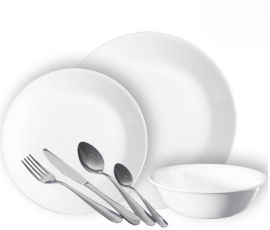 Corelle סט 84 חלקים ל12 סועדים :צלחות קורל Winter frost  + סכו"ם  Twist