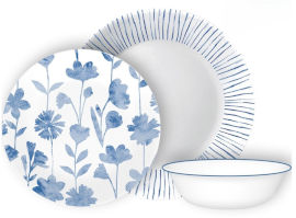 Corelle סט צלחות קורל 12 חלקים ל4 סועדים דגם פרחים Botanical Stripes תוצרת קורנינג ארה"ב