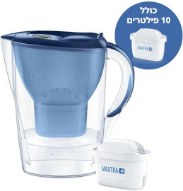 בריטה סט קנקן לטיהור מים כולל פילטר - 2.4 ליטר ו-10 פילטרים תואמים Brita בריטה Marella כחול + 10 פילטרים +MAXTRA