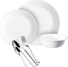 Corelle סט 84 חלקים ל 12 סועדים :צלחות קורל 36 חלקים דגם Winter frost + סכו"ם 48 חלקים Euro Forgiato