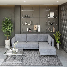 HOUSE DESIGN מערכת ישיבה פינתית גדולה דגם אושן - מעוצבת בריפוד בד קטיפה יוקרתי - צבע אפור בהיר