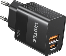 UNITEK מטען קיר UNITEK 20W עם 2 יציאות QC ו-PD 3.0 בצבע שחור