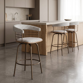 קאנטרי שיק 3 כיסאות בר מרופדים משענת מעוגלת בשילוב מתכת בד בהיר