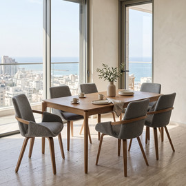 קאנטרי שיק 4 כיסאות מרופדים בד אפור בעלי משענת גבוהה
