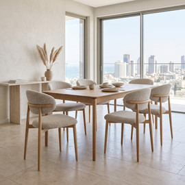 קאנטרי שיק 6 כיסאות COMO בד בז' רגל גוון עץ