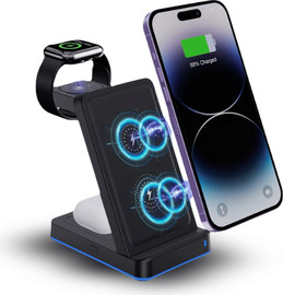 SmartCase מטען אלחוטי 3 ב-1 15W לשעון, אוזניות וטלפון עם תאורת אווירה H24 מתאים לאפל וסמסונג