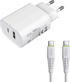 SmartCase מטען קיר 20W עם כניסות USB-Type C + USB-A וכבל USB Type-C ל-USB Type-C באורך 1.5 מטר מבית Power-Tech