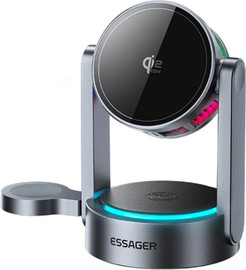Essager מטען אלחוטי 3 ב-1 לשעון אוזניות וטלפון Qi2.2 25W עם תאורת LED וקירור ESSAGER T50