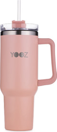 YOOZ ספל נסיעות תרמי עם ידית ומכסה קש ורוד 40OZ כ 1100 מ"ל