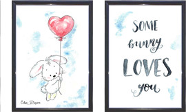 Eden Dayan סט זוג ציורי ארנב ובלון "Some bunny loves you" מסגרת שחורה גודל A4