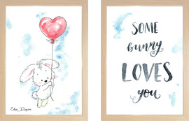 Eden Dayan סט זוג ציורי ארנב ובלון "Some bunny loves you" מסגרת עץ גודל A4