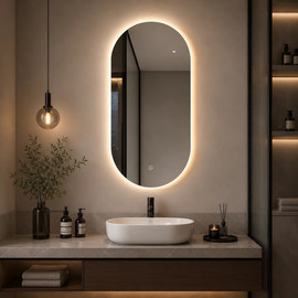 ישראל מרקט מראת קיר אובלית מעוצבת עם תאורת LED היקפית ומגע טאץ' – דגם ענבר